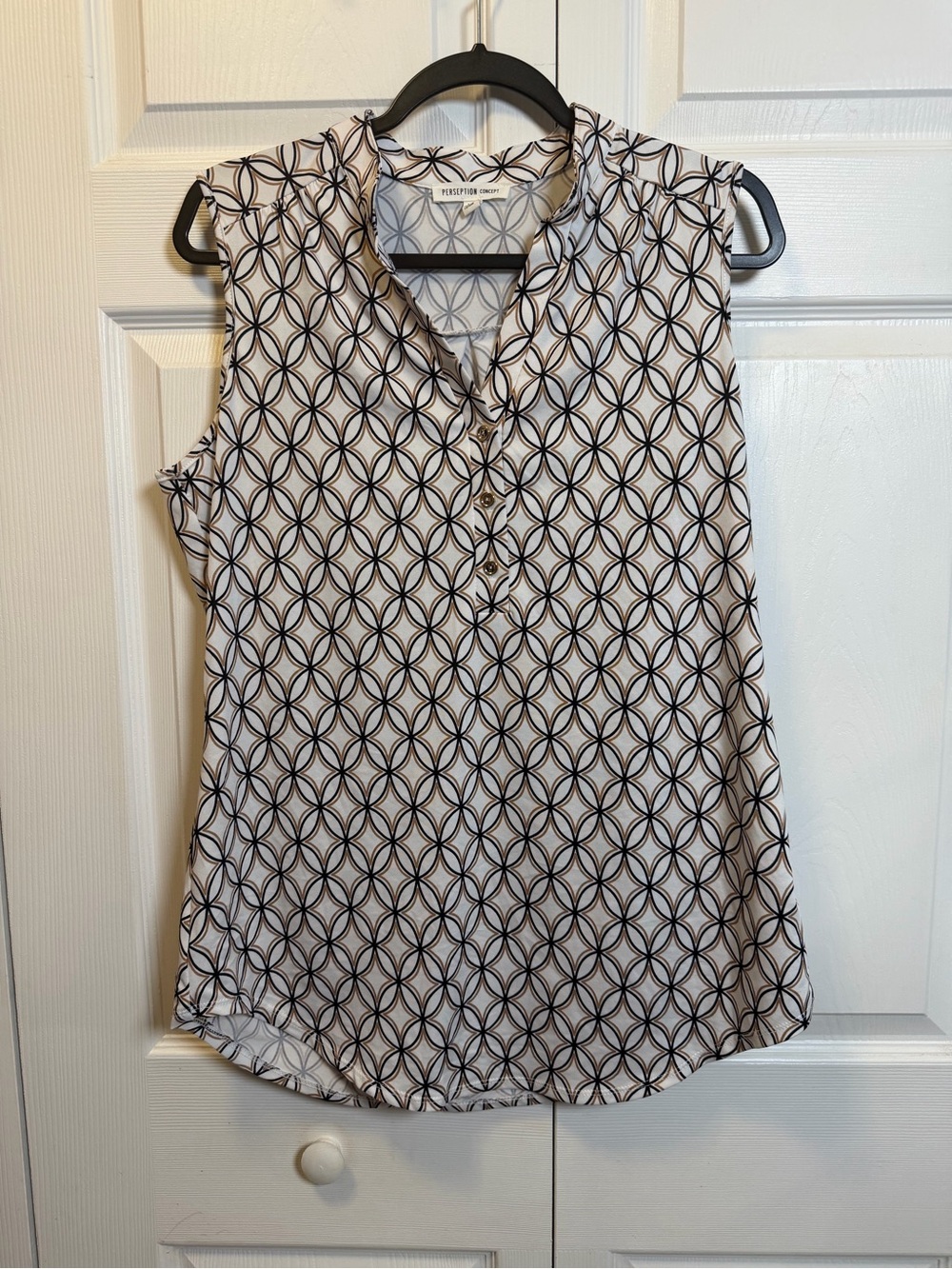 Perseption Concept XL Sleeveless Geometric Print Blouse Tan Black White Top